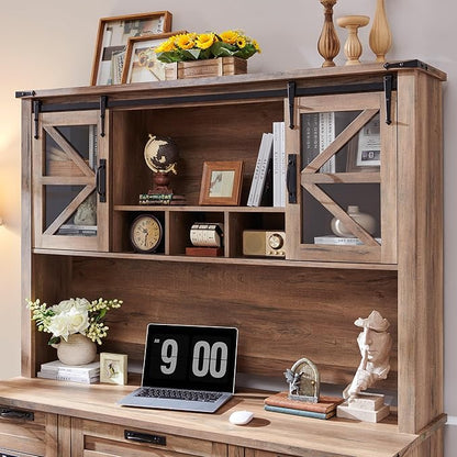 RedLemon 60" Farmhouse Desk with Hutch, Wood Home Office Executive Desk with Drawer, Charging Station, Keyboard Tray, File Drawer, Storage Cabinet, Rustic Writing Computer Desk (Natural Oak)