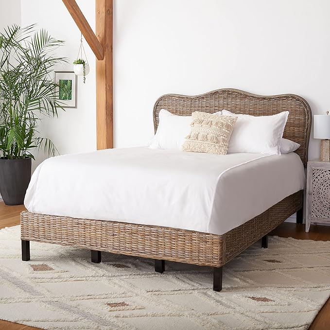 SAFAVIEH Home Collection Daejon Coastal Rattan Legs Camelback Headboard Full Size Bed BED8001A-F, Grey/Espresso