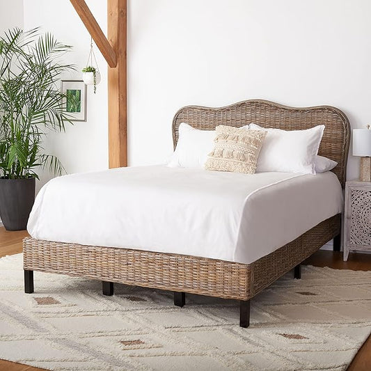 SAFAVIEH Home Collection Daejon Coastal Rattan Legs Camelback Headboard Queen Size Bed BED8001A-Q, Grey/Espresso
