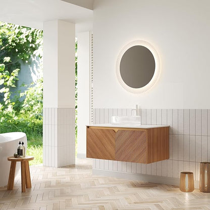 36 Inch Floating Bathroom Vanity with Vessel Sink, Fluted Modern Cabinet with 2 Doors, Glass Vessel Ceramic Sink & Sintered Stone Top, Oak