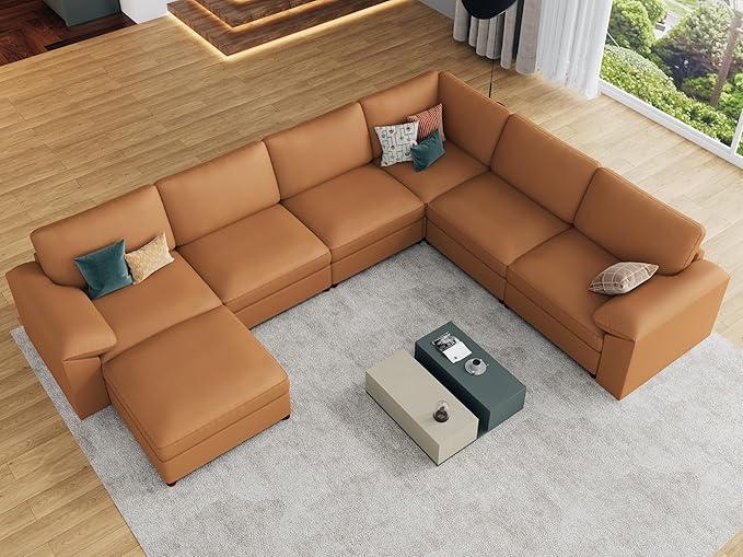 EASE MOOSE Faux Leather Sectional with Ottoman, Oversized Modular Couch, Modular Sectional Sofa with Deep Seat, Scratch Resistant Faux Leather Material, U Shaped Couch for Big Spaces, Brown
