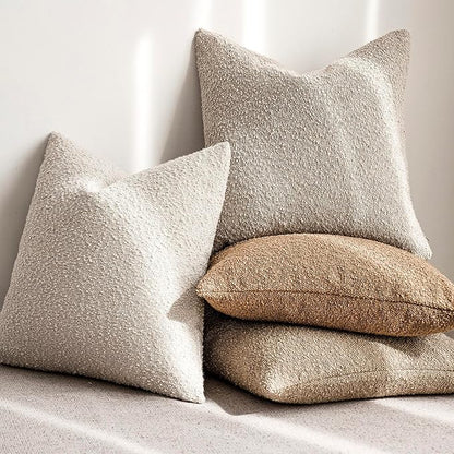 Foindtower Set of 2, Decorative Textured Boucle Throw Pillow Covers Accent Solid Pillow Cases Neutral Cozy Couch Cushion Case for Chair Sofa Bedroom Living Room Home Decor 24 x 24 Inch Ivory Beige