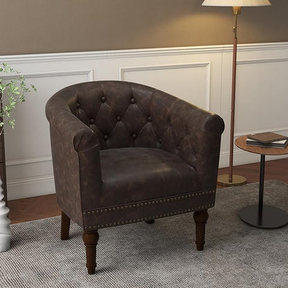 Lumibee Faux Leather Barrel Chair, Upholstered Accent Chair for Living Room, Modern Comfy Club Armchair for Office, Bedroom, Waiting Room-Chocolate