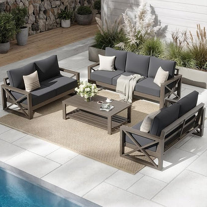 UDPATIO Aluminum Patio Furniture Set, 7 Seats Outdoor Patio Sets with Coffee Table, Faux Wood Patio Furniture Set Metal Modern Outdoor Sectional for Deck Porch Patio, Dark Grey