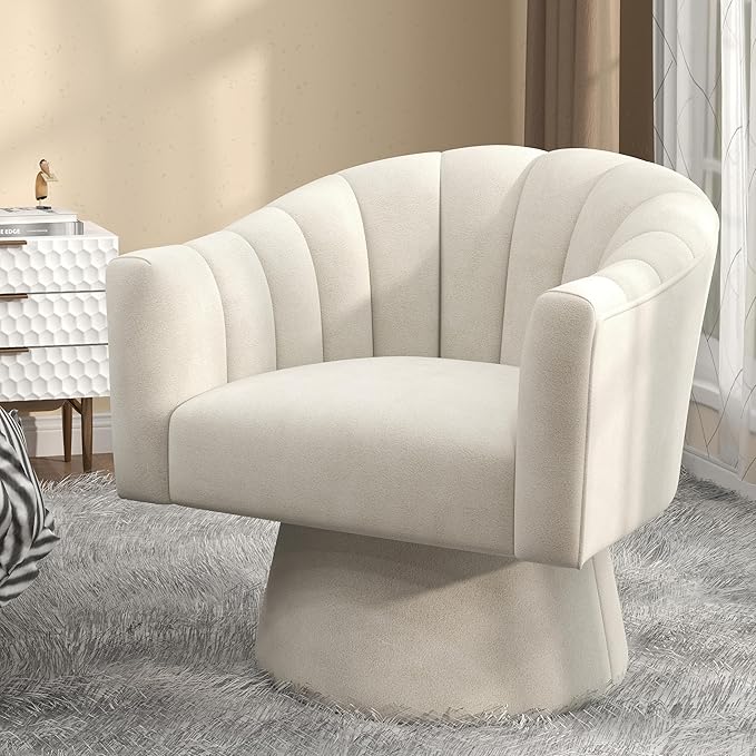 Swivel Accent Chair,Upholstered Velvet 360° Swivel Barrel Chair for Living Room Overstuffed Bouncle Reading Chair Round Armchair for Bedroom,Vanity,Office(Beige)