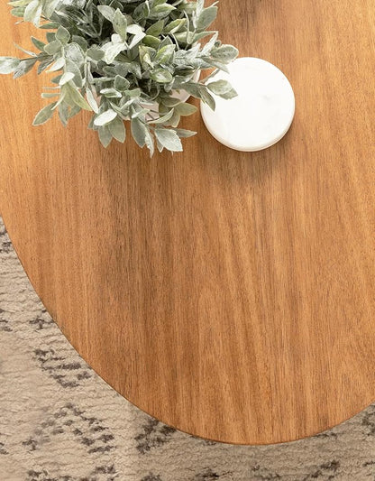 Kate and Laurel Foxford Modern Tiered Oval Coffee Table; 38 x 24 x 18; Natural Brown; Transitional Two-Tier Living Room Table with Storage and Resilient Wood Construction