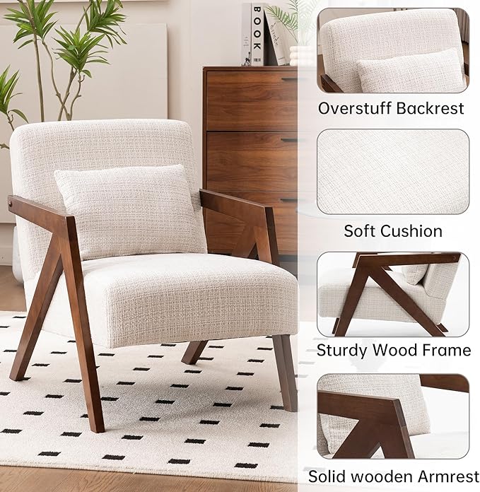 Mid-Century Modern Accent Chair with Solid Wood Frame，Upholstered Chenille Living Room Arm Chairs with Pillow for Bedroom, Living Room, Reading Room, Balcony, Beige