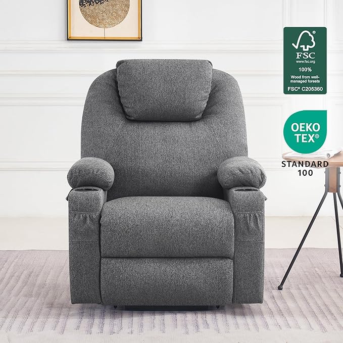 MCombo Small Power Lift Recliner Chair for Elderly, Petite Power Lift Chair with Heat and Massage for Seniors, Cup Holders, USB & Type C Ports, Fabric 7141 (Grey)