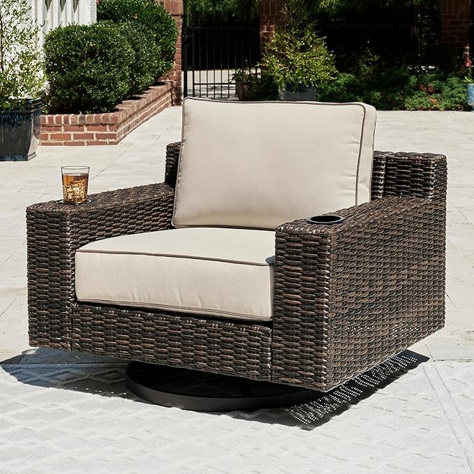 Signature Design by Ashley Coastline Bay Casual Outdoor Swivel Lounge with Cushion and 2 Cup Holders, Nuvella Weather Resistant Fabric, Beige & Dark Brown