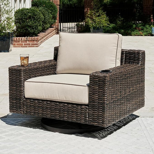 Signature Design by Ashley Coastline Bay Casual Outdoor Swivel Lounge with Cushion and 2 Cup Holders, Nuvella Weather Resistant Fabric, Beige & Dark Brown