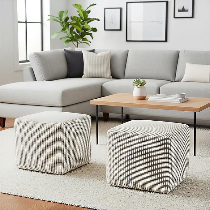 SIMPLIHOME Zelma Pouf - 18 inch Wide Upholstered Recycled PET Polyester Square Pouf Ottoman in Dune Beige, Boho Indoor/Outdoor Footstool for Patio or Living Room with Handwoven Design, Assembled