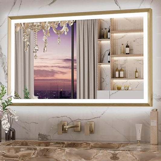 Keonjinn Gold LED Bathroom Mirror 40 x 24 Inch with Frontlit & Backlit, Lighted Mirrors Metal Framed for Wall, Stepless 3 Colors Lights, Anti Fog, Tempered Glass, Brighter and No Dark Corner
