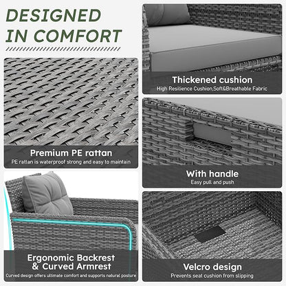 5 Pieces Patio Furniture Set, Hand-Woven Rattan Patio Conversation Set with Soft Cushions & Coffee Table, Outdoor Chairs with Hidden Ottoman for Porch, Lawn, Garden, Balcony, Grey