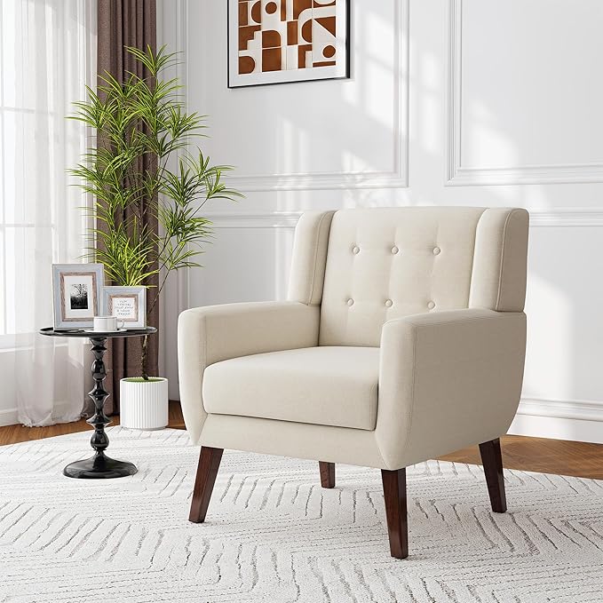 Accent Chair, Modern Fabric Armchair for Living Room, Comfy Upholstered Arm Chair Tufted for Indoor Bedroom Office Room (White)