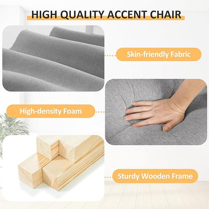 PrimeZone Comfy Accent Chair, Mid-Century Modern Fabric Living Room Chair Reading Chair with Soft Cushion, Nailhead Trim & Rolled Armrest, Arm Chair Sofa Chairs for Bedroom Waiting Room Office, Grey