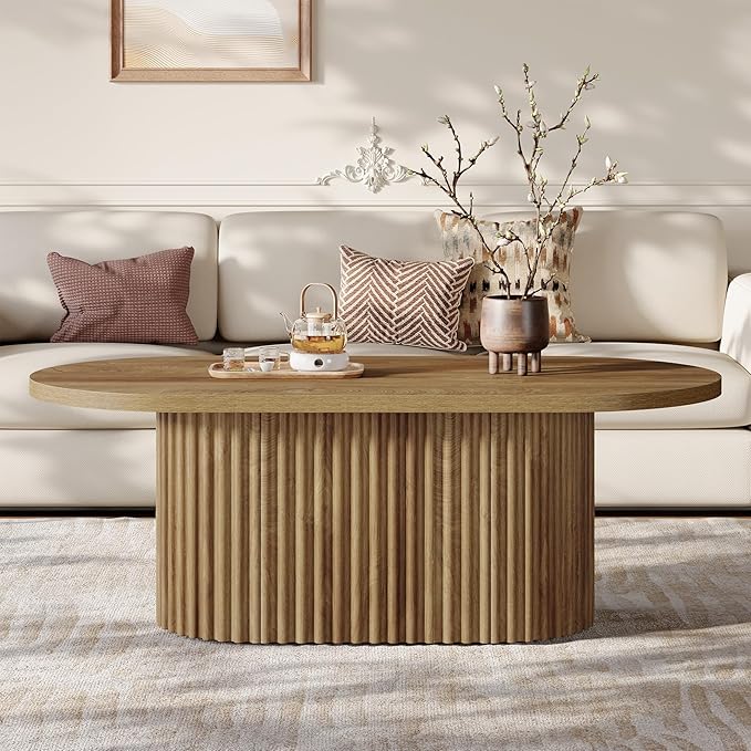 Tribesigns Oval Coffee Table, 47.2" Farmhouse Wooden Center Table with Fluted Design, for Living Room, Office, Apartment, Rustic Brown