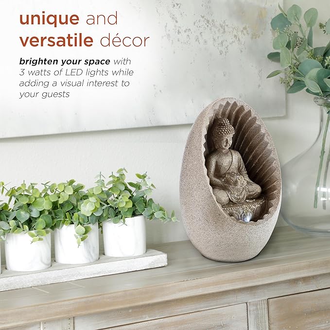 Alpine Corporation WIN322 Indoor/Outdoor Tabletop Buddha Fountain with LED Lights, Soothing Buddha Garden Fountain 11", Beige