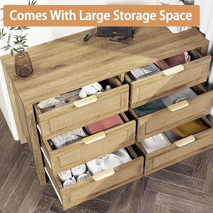 6 Drawer Dressers for Bedroom, Rattan Dresser with Drawers, Modern Wood Dresser with Metal Handles, Chest of Drawers for Bedroom, Living Room, Entryway (6 Drawer)