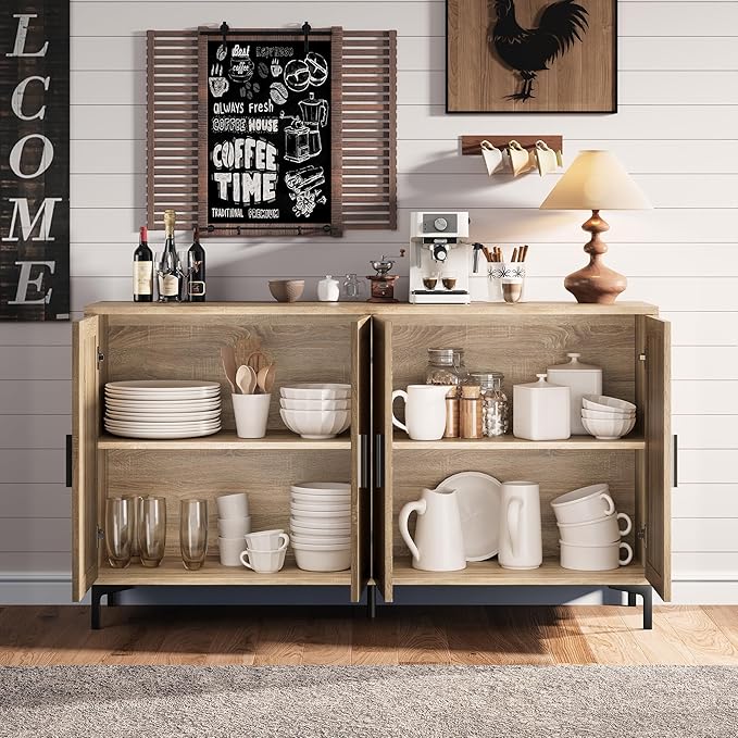 JASIWAY Sideboard - Kitchen Buffet Cabinet with Rattan Decorated Doors, Accent Cabinets with Doors, Coffee Bar Cabinets Rattan Sideboard Buffet Cabinet with Storage (Natural with 4 Doors)