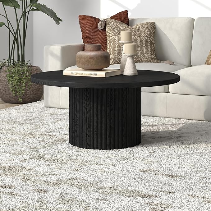 Henn&Hart 32" Fluted Round Wood Pedestal Low-Profile Coffee Table for Living Room, Family Room, Office, or Apartment, Black Grain