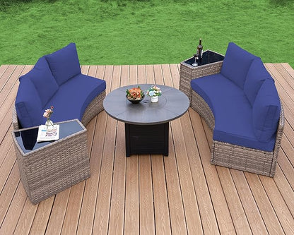 Patio Furniture Sets, 6 Piece Half-Moon Sectional Round Sofa Set, Outdoor Patio Furniture with Cushions for Beach, Pool, Balcony, Blue