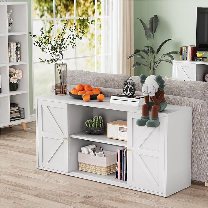 Metal Farmhouse TV Stand for 65 Inch TV, Entertainment Center with Storage Cabinets and 2 Barn Doors, Media TV Console Table for Living Room (White, 27.5" H-TV Stand)