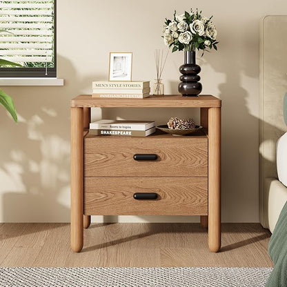 Christopher Knight Home Delwyn Modern Nightstand, Wooden Small Night Stand with Drawers and Open Storage Shelf, Bedside Table/End Table with Rounded Legs, Multipurpose Storage Cabinet, Natural