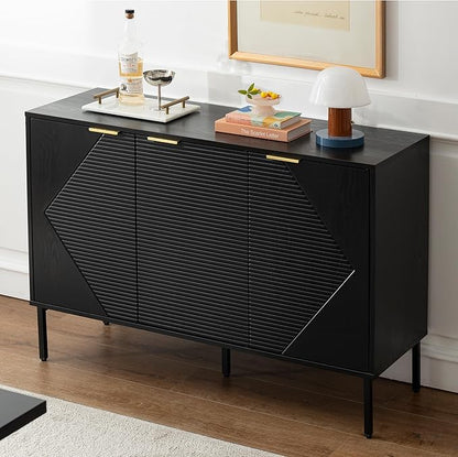 Sideboard Buffet Cabinet, Modern Storage Cabinets with Doors and Shelves, Wooden Fluted Cabinet for Living Room, Entryway, Kitchen(1, Embossed Black)