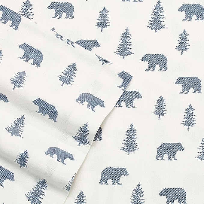 Eddie Bauer - Flannel Sheets King Size, Anti-Pilling & Wrinkle Resistant Cotton, Touchably Soft for All-Season Comfort - Bed Sheets with Matching Pillowcases & Fitted Sheet (Bears and Trees Blue)