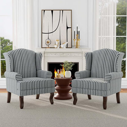 Accent Chair, High Back Upholstered Armchair with High Resilience Sponge & Wood Legs, Mid-Century Modern Comfy Single Sofa Reading Chairs for Living Room, Bedroom (Stripe Grey, Set of 1)