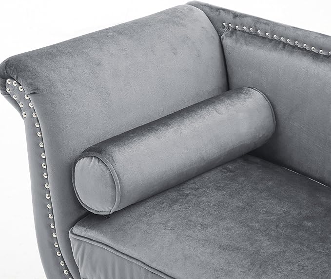 Christopher Knight Home Aurora Velvet Chaise Lounge Indoor with 2 Bolster Pillows, Upholstery Entryway Bench with Nailhead Trim & Curved Arms, End of Bed Bench Ottoman and Wooden Legs, Grey