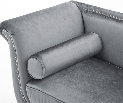 Christopher Knight Home Aurora Velvet Chaise Lounge Indoor with 2 Bolster Pillows, Upholstery Entryway Bench with Nailhead Trim & Curved Arms, End of Bed Bench Ottoman and Wooden Legs, Grey
