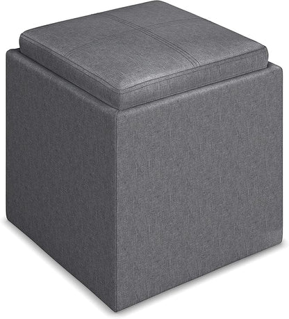 SIMPLIHOME Rockwood 18 inch Wide Contemporary Square Cube Storage Ottoman with Tray in Slate Grey Linen Look Fabric, Assembled, For the Living Room, Entryway and Family Room