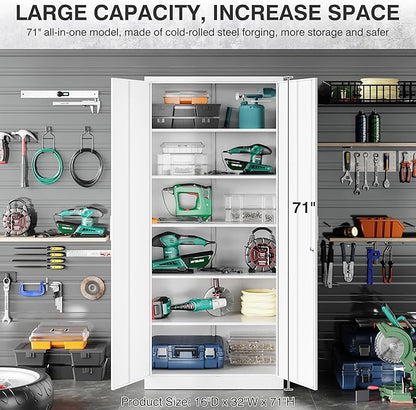 SISESOL Metal Storage Storage Cabinet with 5 Adjustable Shelves,White Metal Cabinet with Locking Doors,Steel Pantry Cabinet with Lock,71" Lockable Storage Cabinet for Home,Office,Garage,Kitchen,Shop