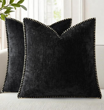 decorUhome Chenille Soft Throw Pillow Covers 20x20 Set of 2, Farmhouse Velvet Neutral Decorative Euro Pillow Covers with Stitched Edge for Couch Sofa Bed Home Decor, Black