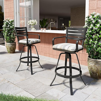 Pellebant Outdoor Bar Stools Set of 4 with Sunbrella Cushion, 29.5" Aluminum Swivel Bar Height Stool Chairs with Back & Footrest, Rust-Proof Patio Bartools for Deck Lawn Garden,Milano Char