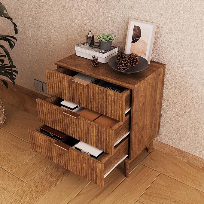 Fluted 3 Drawer Dressers, Modern Closet Dressers Chest of Drawers, Wood Storage Dresser Chest of Drawers Organizer for Bedroom Living Room Hallway Closet(Walnut)