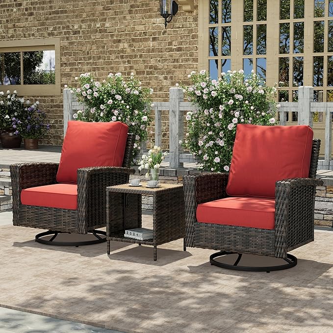 HERA'S HOUSE Oversized Patio Wicker Chairs, High Back Outdoor Swivel Chairs Set of 2 with Rattan Side Table, 5.5" Thick Cushions, 3-Piece Patio Furniture Sets for Deck Porch Pool, Brown/Red