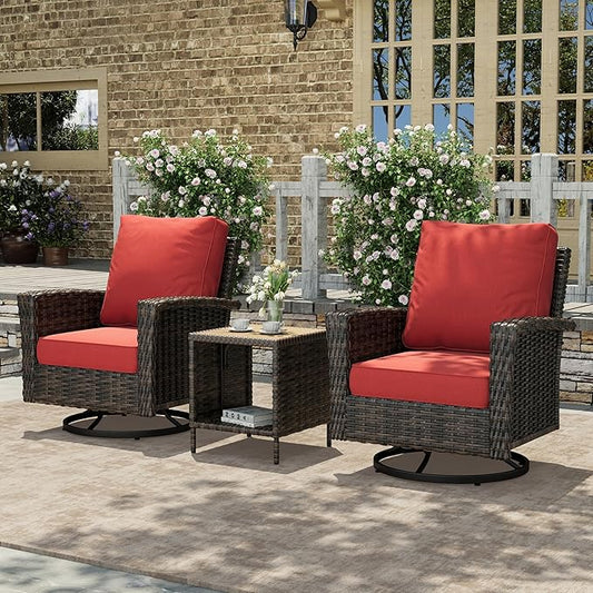 HERA'S HOUSE Oversized Patio Wicker Chairs, High Back Outdoor Swivel Chairs Set of 2 with Rattan Side Table, 5.5" Thick Cushions, 3-Piece Patio Furniture Sets for Deck Porch Pool, Brown/Red