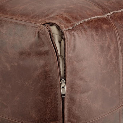 SIMPLIHOME Sheffield Square Pouf - 18 inch Wide Genuine Leather Ottoman in Brown, Boho-Style Footrest, Extra Seating, or Accent Piece for Living Room or Bedroom, Assembled