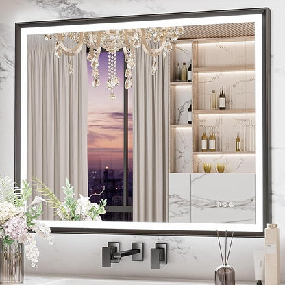 Keonjinn Black LED Mirror for Bathroom 40 x 32 Inch with Frontlit & Backlit, Metal Frame Mirror with Stepless 3-Color Lights, Antifog Dimmable, UL-Listed Driver,Tempered Glass(Horizontal/Vertical)
