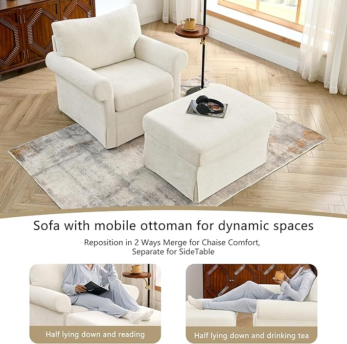 35.82" Accent Chair with Ottoman Upholstered Living Room Chairs for Reading Chair with Chaise Lounge Chairs Indoor, Comfortable Armchair for Bedroom (Beige, 35.82")