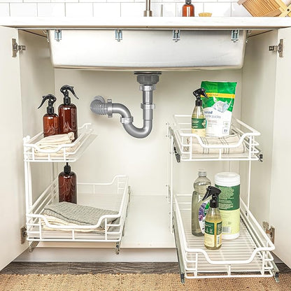 Household Essentials Glidez Multipurpose Powder-Coated Steel Pull-Out/Slide-Out Storage Organizer with Plastic Liners 2-Tier Dual-Slide Design, White