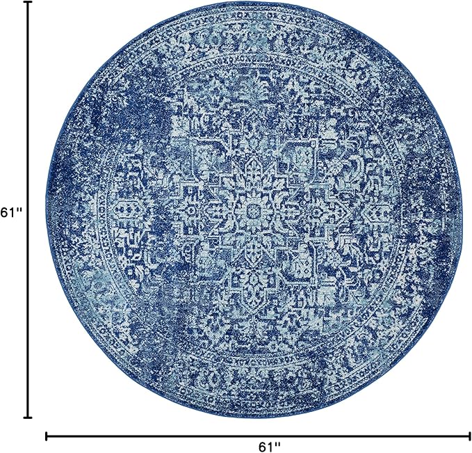 SAFAVIEH Evoke Collection Area Rug - 5'3" Round, Navy & Ivory, Distressed Design, Non-Shedding & Easy to Clean, Ideal for Living Room, Bedroom, Dining Space (EVK256A)