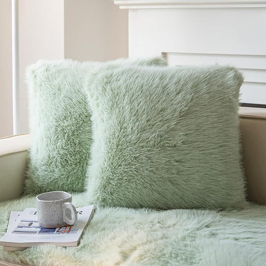 Neelvin Green Faux Fur Cozy Fluffy Double-Sided Decorative Throw Pillow Covers 20x20 inch Set of 2,Velvet Pillowcase Cushion Case for Sofa Couch