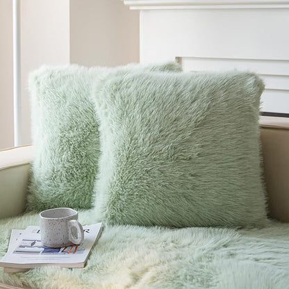 Neelvin Green Faux Fur Cozy Fluffy Double-Sided Decorative Throw Pillow Covers 24x24 inch Set of 2,Velvet Pillowcase Cushion Case for Sofa Couch