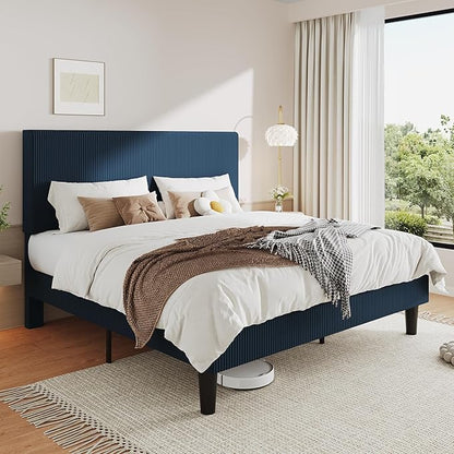 Allewie King Size Upholstered Bed Frame with Vertical Channel Tufted Headboard, Soft Corduroy Fabric Platform Bed, Strong Wooden Slats Support, Easy Assembly, No Box Spring Needed, Dark Blue