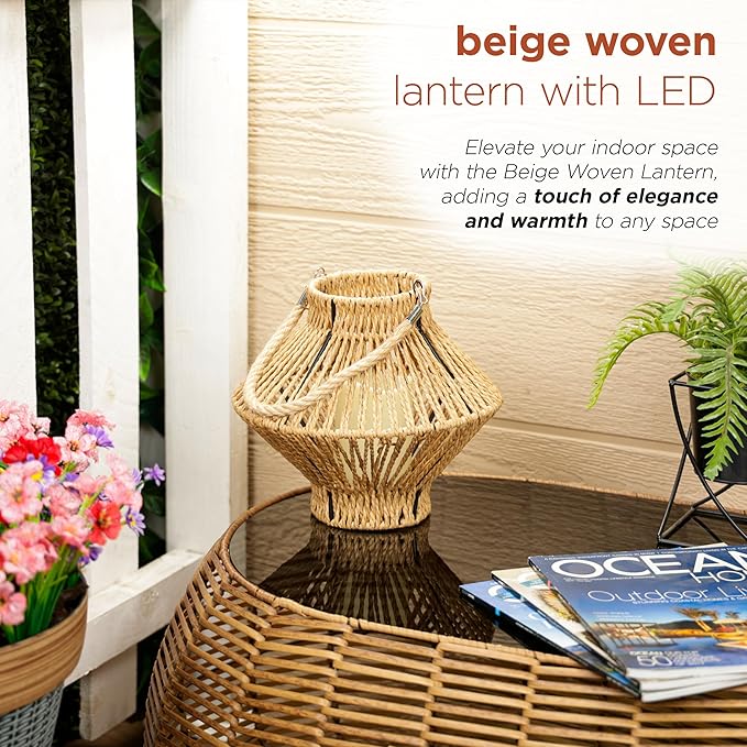 Alpine Corporation LAN420HH-BG-TM Hanging Woven Lantern with LED Candle and Timer, Boho Home Decor, 9" H, Beige