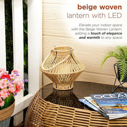 Alpine Corporation LAN420HH-BG-TM Hanging Woven Lantern with LED Candle and Timer, Boho Home Decor, 9" H, Beige