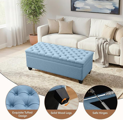 50" Storage Ottoman Bench, Rectangular End of Bed Storage Bench, Upholstered Large Fabric Tufted Ottoman with Storage for Living Room, Bedroom, Entryway,Blue
